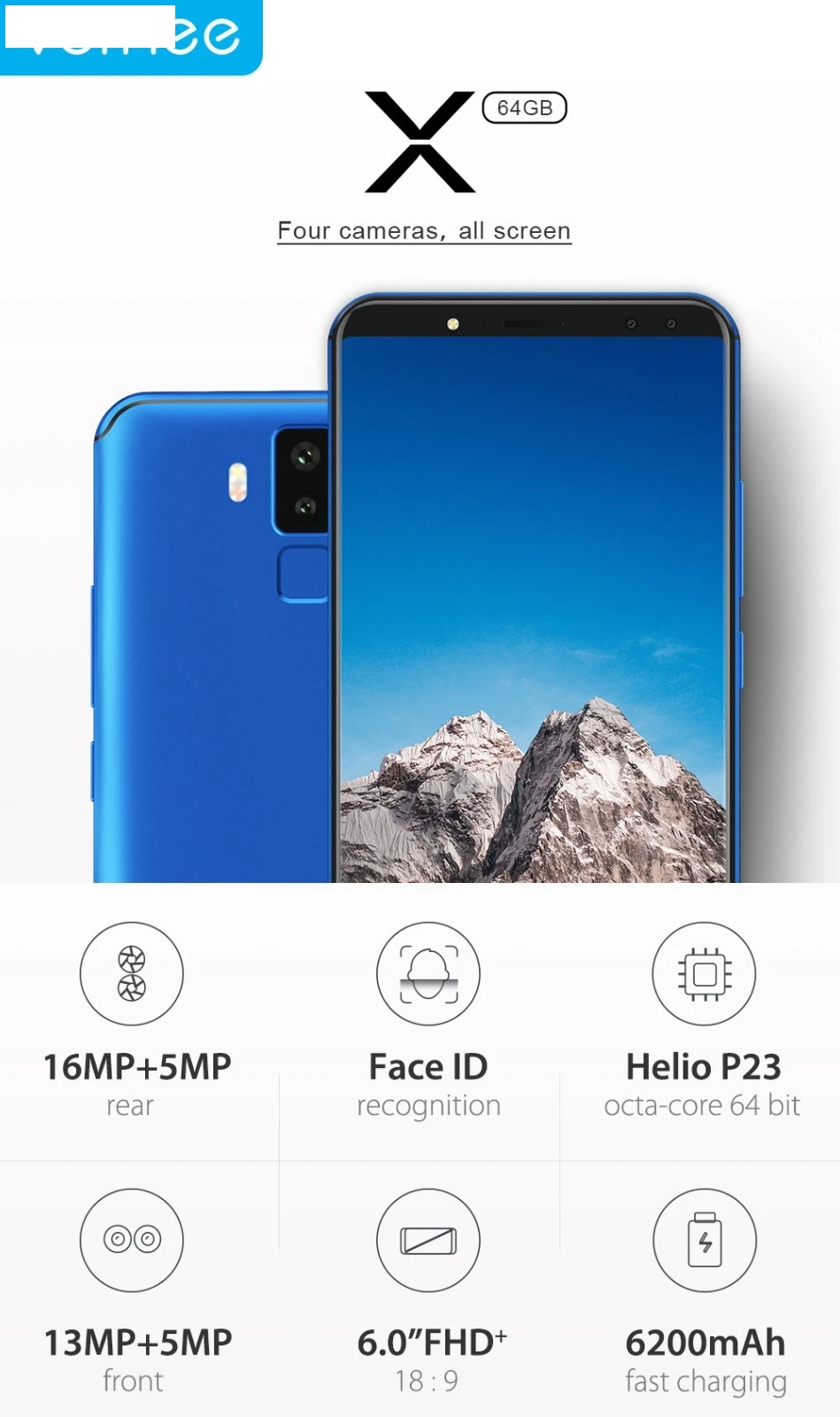 Vernee X 5,99 дюймовый Android 7,1 Face ID смартфон Восьмиядерный 4 Гб+ 64 Гб 6200 мАч S.14