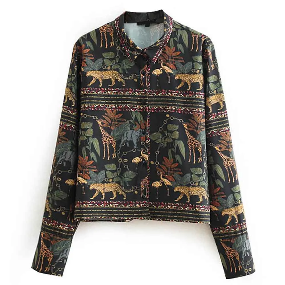

FIRSTTO Vintage Animal Leopard Elephant Floral Print Turn-down Collar Shirt Trendy Women Single-breasted Long Sleeve Blouse Tops