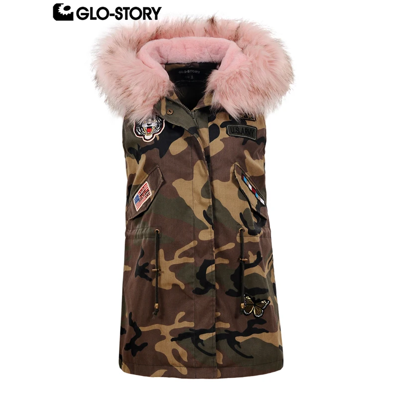 

GLO-STORY Woman Military American Applique Winter Vest Coats Femme Wool Lining Hooded Waistcoat Woman Long Vest Tops WMJ-5619