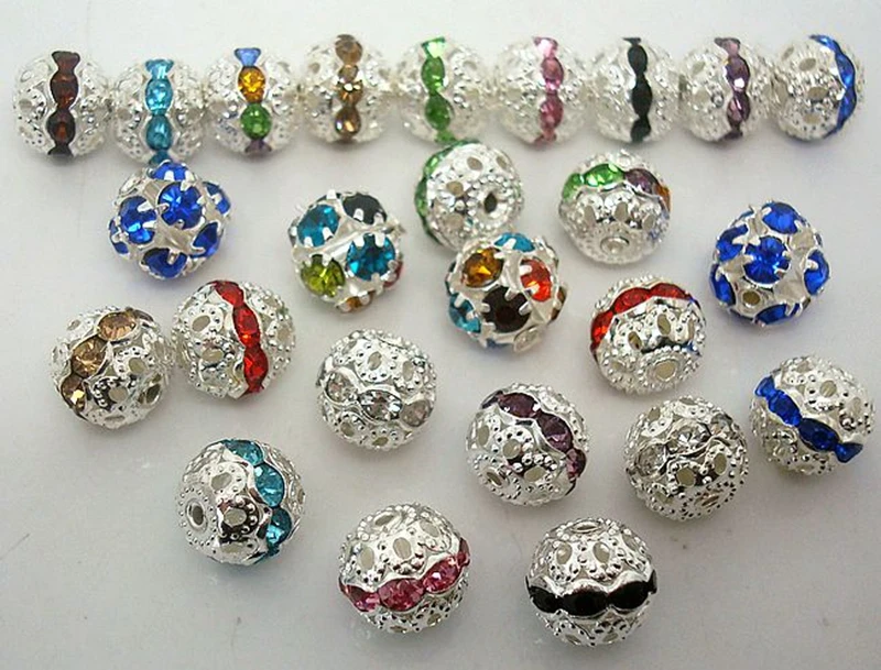 

Wholesale Lots Beautiful mixed Round Silver Inlay Rhinestone Beads with Hole for Bracelet Necklace DIY Making Jewellry Finding