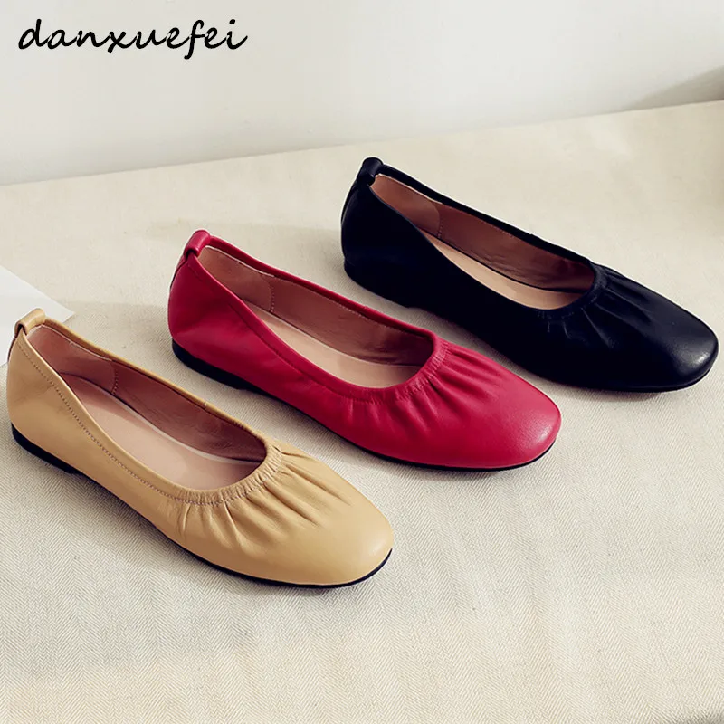 

3 Color women's genuine leather slip-on ballerinas brand design Pleated fashion female leisure soft ballet flats moccasnis shoes