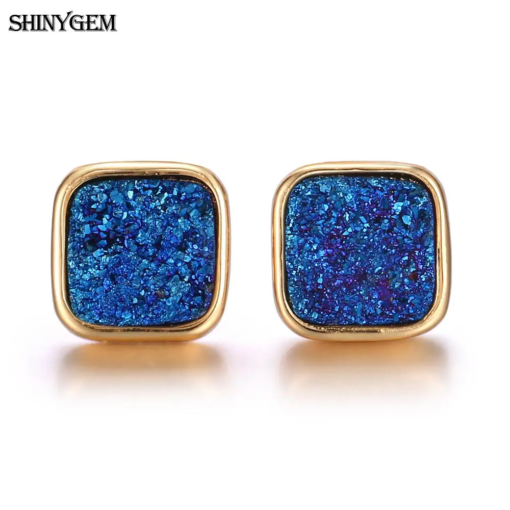 

ShinyGem 10mm Square Druzy Earrings Gold Plating Sparkling Colorful Crystal Earrings Fashion Minimalism Stud Earrings For Women