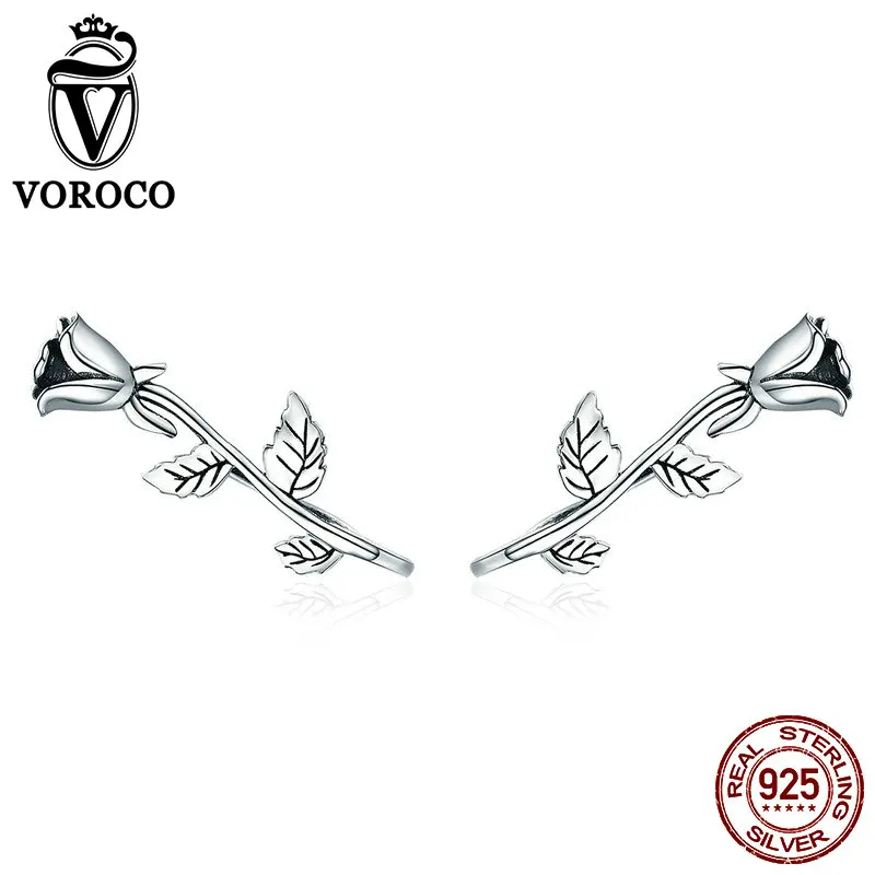 

VOROCO Romantic Women Stud Earrings Real 925 Sterling Silver Rose Flower Earring Party Anniversary Fine Jewelry brincos BKE380