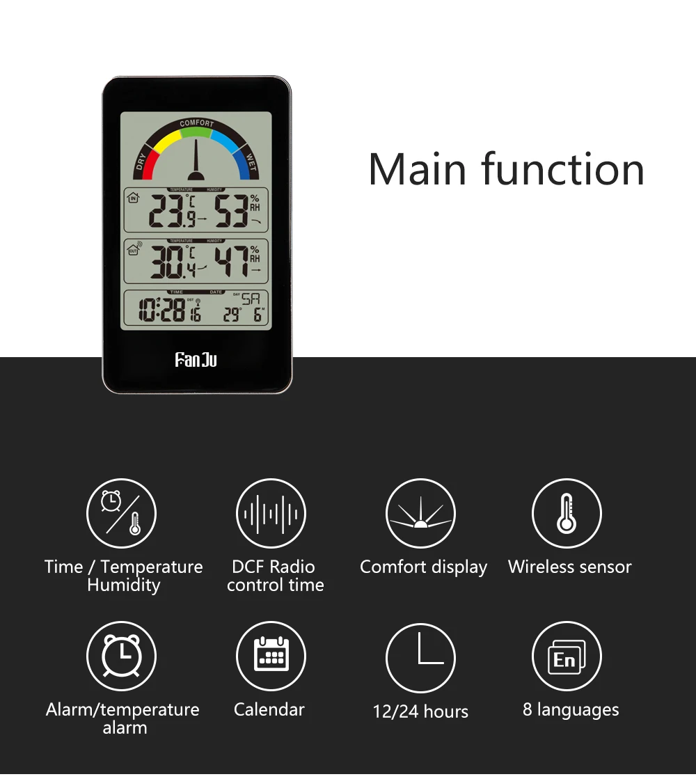 FanJu Цифровой Будильник Электронный беспроводной Измеритель температуры и влажности указатель комфортная индикация Крытый Открытый термометр