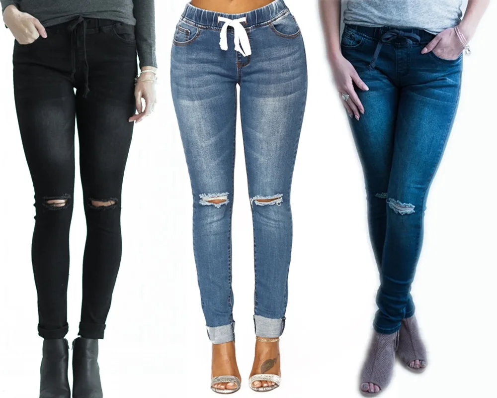 

Women Elastic Waist Denim Jeans Ripped Hole Jean Femme Pencil Pants Trousers