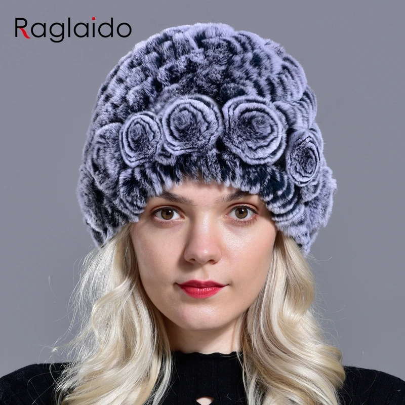 Raglaido, женская шапка, зимние шапки из натурального кроличьего меха, цветочные однотонные шапки с черепами, шапки ручной вязки, женские зимние шапки для девочек LQ11282