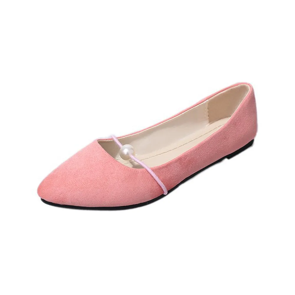 Женская обувь; сезон весна-лето; одноцветные замшевые повседневные туфли на плоской подошве с острым носком и жемчугом; женская элегантная обувь; Sandalias - Цвет: Розовый