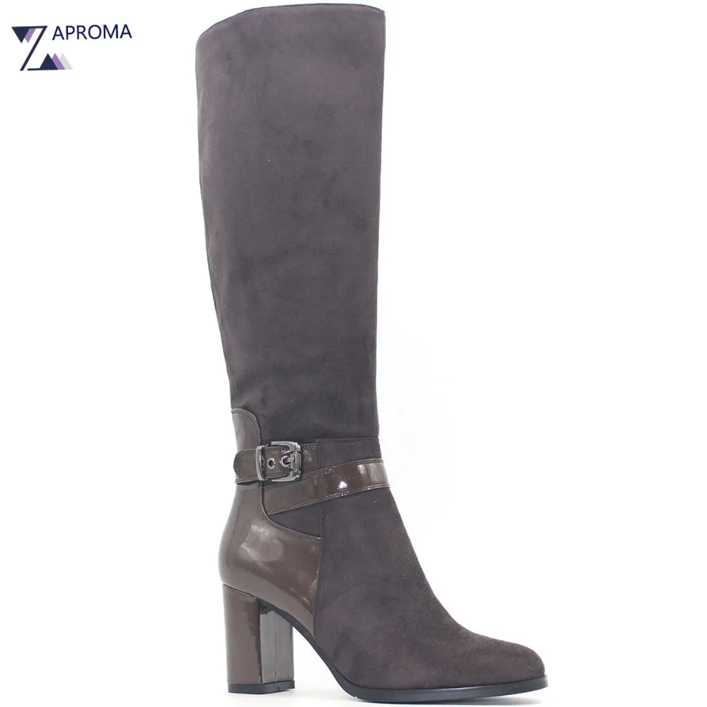 

High Quality Suede Boots Women Ankle Strap Chunky Heel Black Brown Fleeces Buckles PU Shoes Winter High Heel Knee High Punk Shoe
