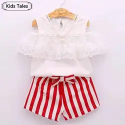 ST373 детская одежда для девочек дети мода набор Кружева с плеча футболка + полосатые шорты детские Комплекты для девочек комплект