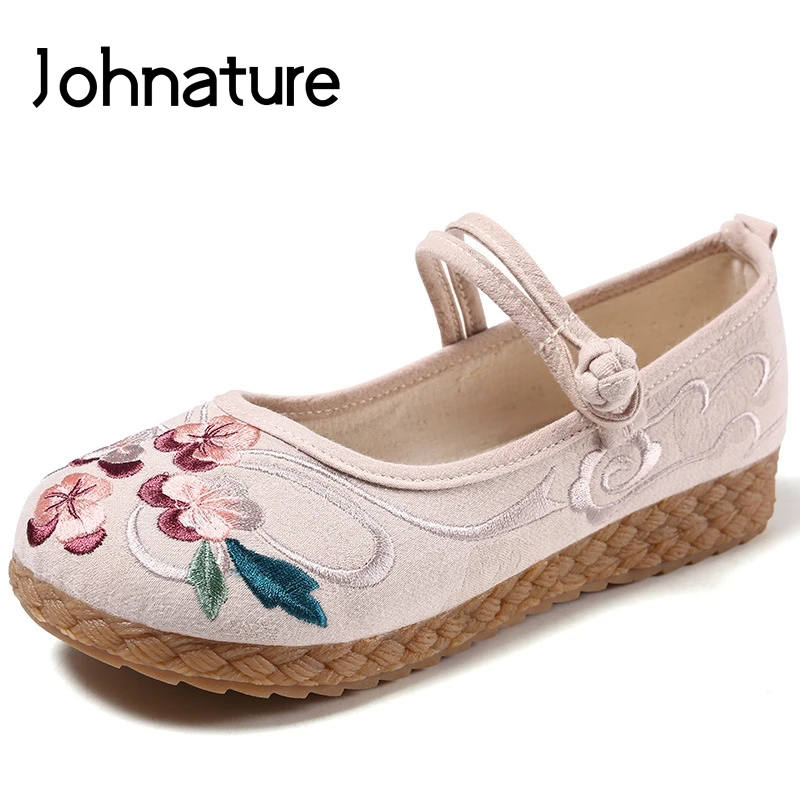 Johnature Embroider Cotton Shoes Casual Floral Buckle Strap Round Toe