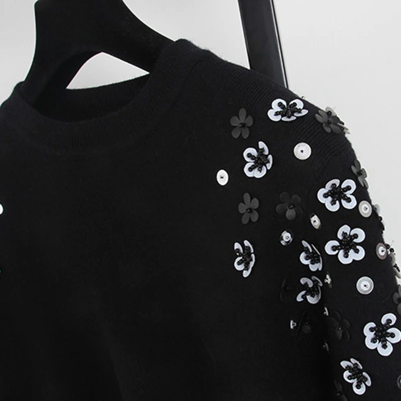 Вышитый бисером вязаный джемпер Осень Зима Женский пуловер свитера черный белый длинный рукав свободный свитер корейский базовый свитер 737