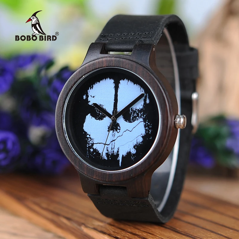 BOBO BIRD Men Punk Skull Wood Watches L-D24 Leather Band Top Brand Quartz Watches for Men as Gifts