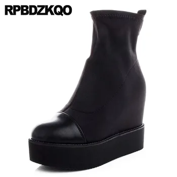 

wedge booties platform casual rivet round toe stud muffin high heel autumn shoes black women boots winter 2018 lycra slip on