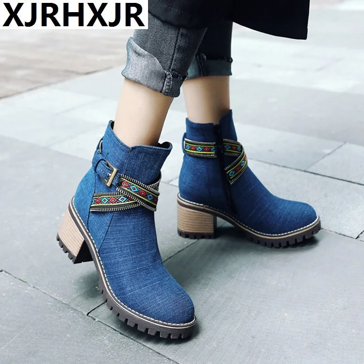 

New Women Boots Plus Size 34-43 Women Fashion Shoes Autumn Winter Denim Thick Heel Ankle Boots Casual Shoes Woman Zip High Heels