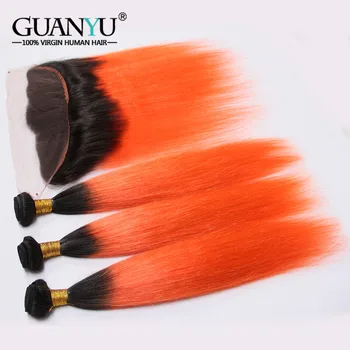 

Guanyuhair 1B/Orange Ombre Brazilian Hair Bundles With Frontal Closure Ear to Ear Straight Orange Human Hair Weave 3 Bundles