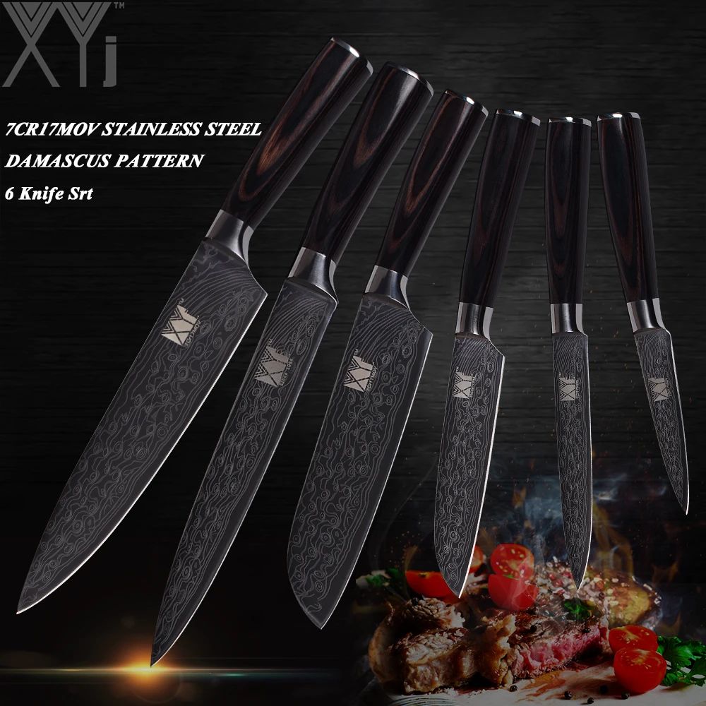 

XYj Damascus Vein Stainless Steel Knife Sets 3.5+5+5+7+8+8 Inch Paring Utility Santoku Chef Slicing Kitchen Knife Wood Handle