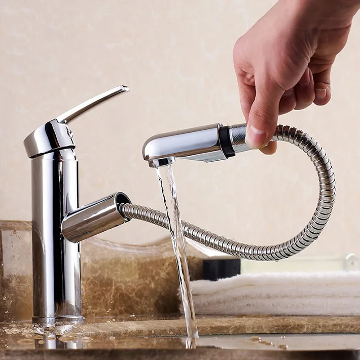 

Round shape brass pull out laundry faucet basin mixer water tap for bathroom with extensible spout , chrome