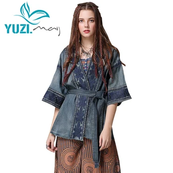 

Denim Jacket For Women 2018 Yuzi.may Boho New Coat Female V-Neck Half Sleeve Flower Embroidery Belted Casaco Feminino B9257