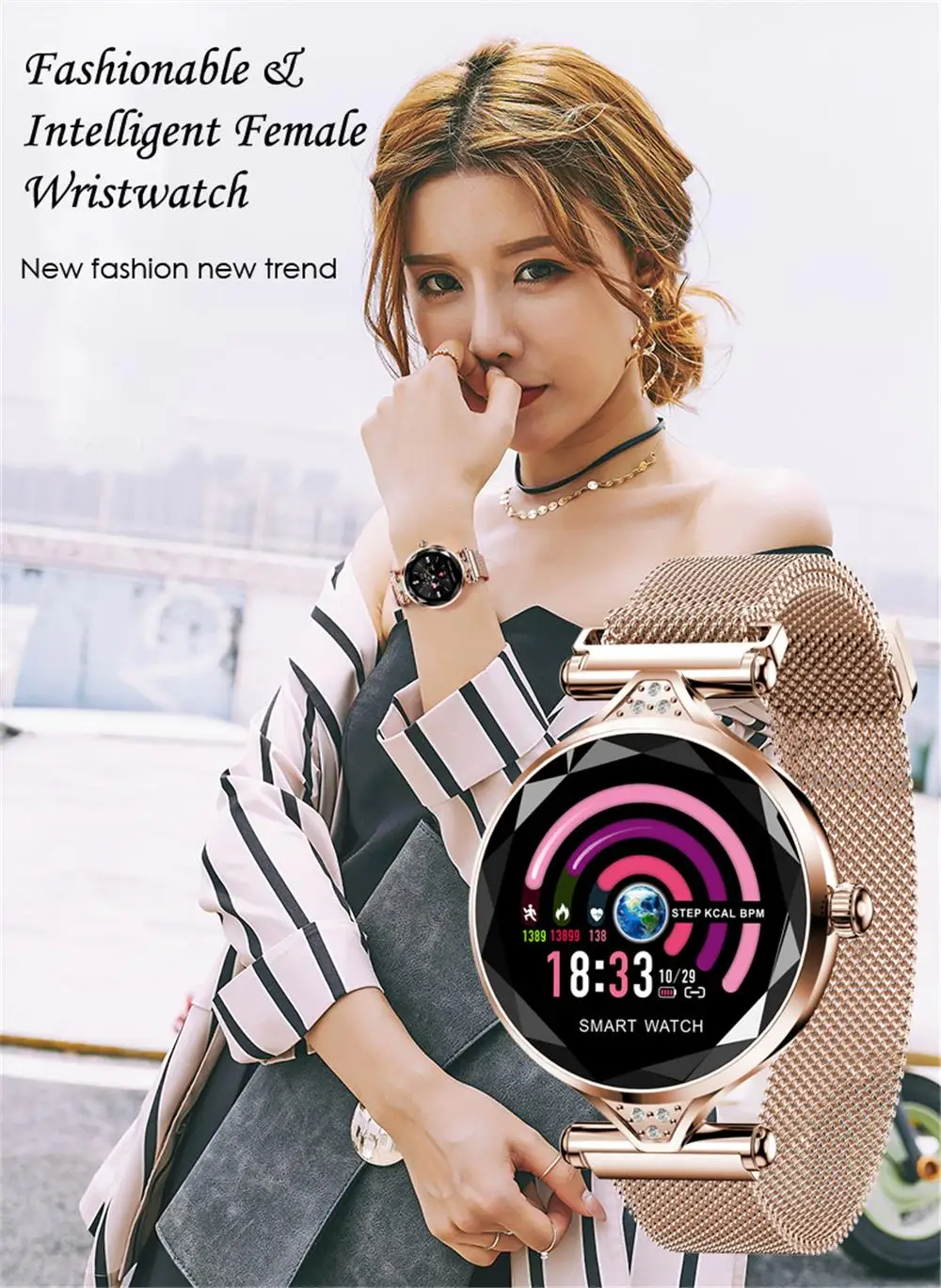 H1 Women Fashion Smart Watch Blood Pressure Heart Rate Monitor Fitness Tracker Bracelet lady Smartwatch Diamond Color Screen