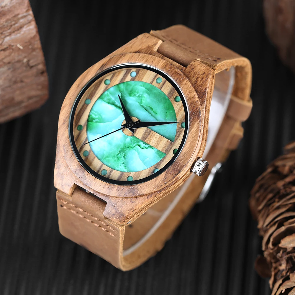 Natural Bamboo Wood Wrist Watch Special Marble Dial Bangle Quartz Watches Genuine Leather Watch Strap Men Women Clock Relogio (8)