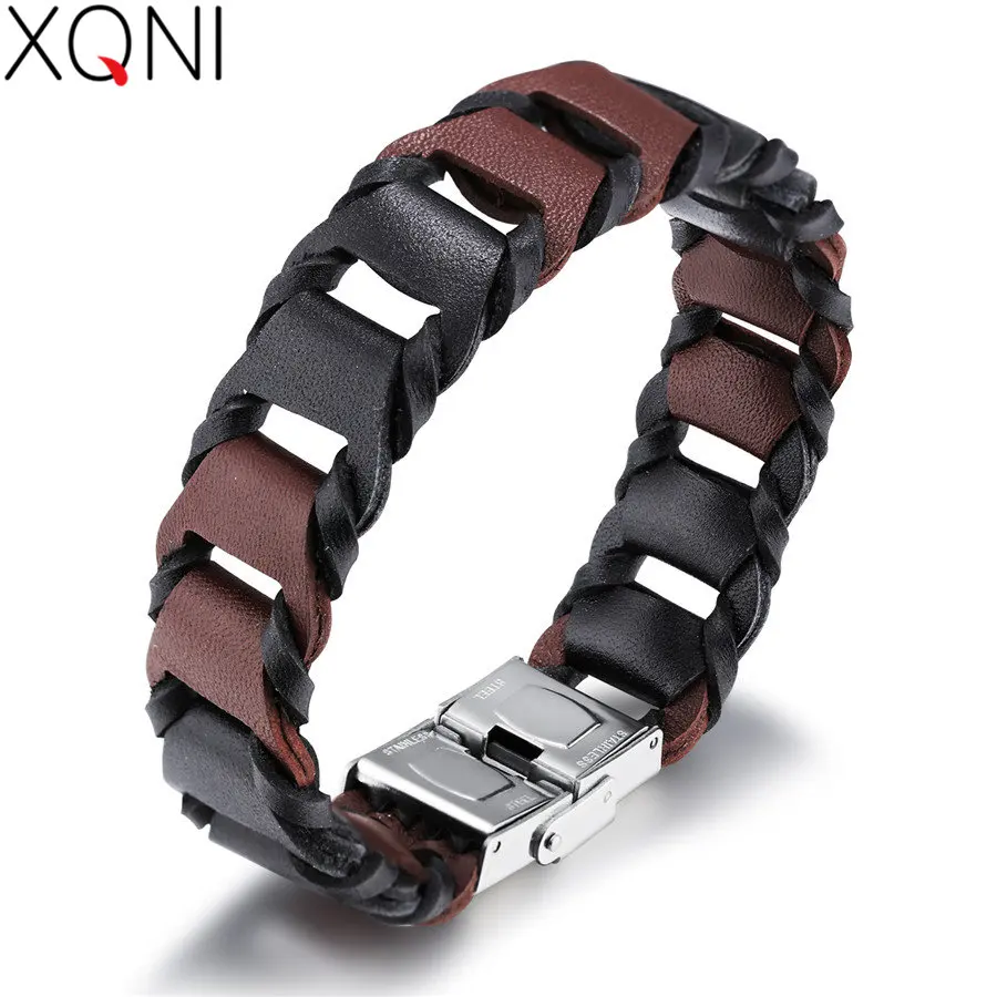 

XQNI Unique Brown Black Bracelet For Men Women Two Tone Genuine Leather Rope Design 18MM Male Wrap Wristband Birthday Gift