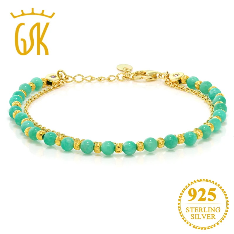 

GemStoneKing 925 Sterling Silver Gold Plated Bracelet With Security Chain 4MM Round Natural Amazonite Bracelet For Women