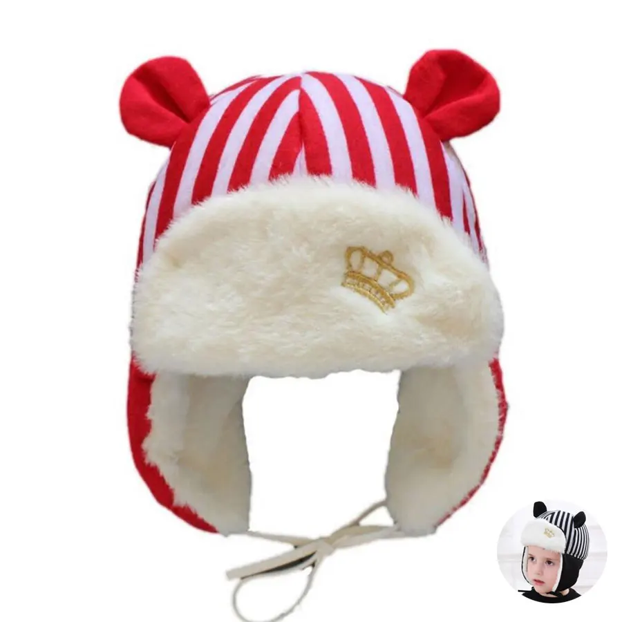

Warm Winter Baby Hat Wool For Kids Girls Children Bomber Hats Boys Stripe Earmuffs Cap Ears Cotton Child Bonnet Accessories