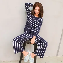 Весенне-осенние женские хлопковые пижамы с принтом в полоску с длинными рукавами, теплые женские пижамы, домашняя одежда