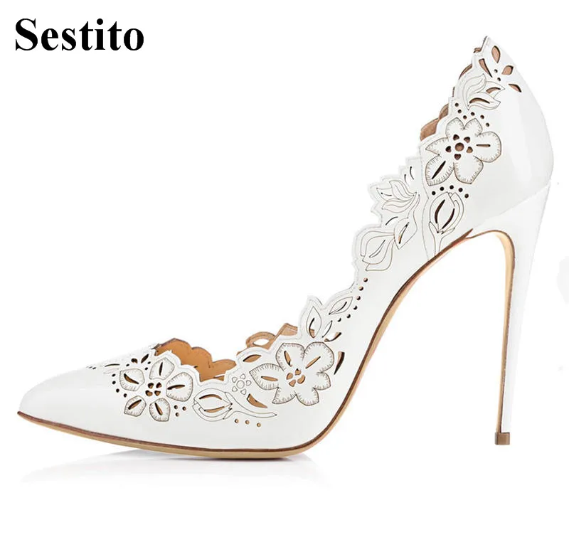 

Sweet Solid Pointed Toe Fretwork High Heels Wedding Women Pumps Spring/Autumn Basic Super High Thin Heels Slip-on Ladies Shoes