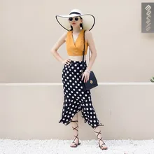 Женская Черная шифоновая юбка в белый горошек, высокая талия, широкие Асимметричные Длинные юбки с оборками, дизайн, элегантная качественная летняя юбка-Русалка