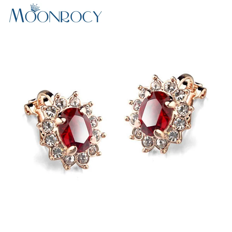 

MOONROCY Drop Shipping Fashion Cubic Zirconia Rose Gold Color Red Green Purple Blue Crystal Earrings Clip for Women Gift