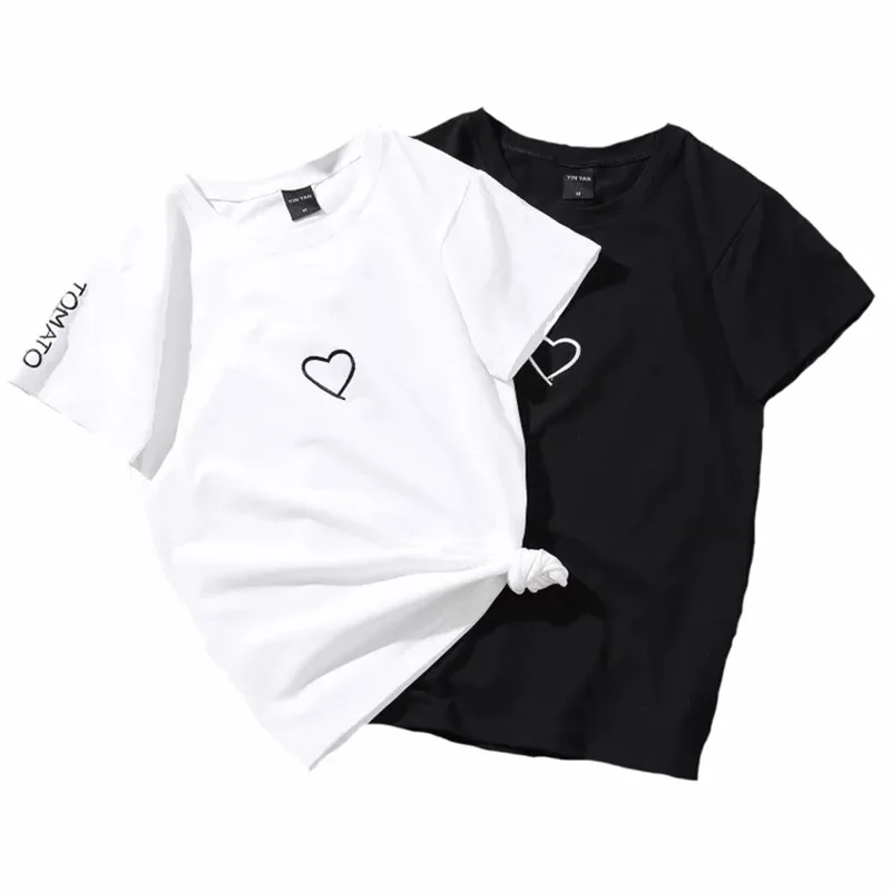 2018 Summer Couples Lovers T-Shirt For Women Casual White Tops Tshirt Women T Shirt Love Heart Embroidery Print T-Shirt Female