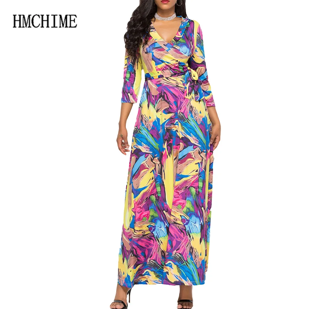 Print Flower Loose Women Long Dress Sexy Club V Neck Half Sleeve Female