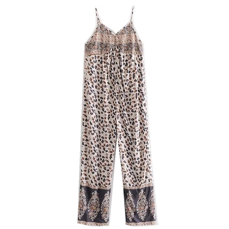 2019 V neck Leopard print Jumpsuit khaki Women Back Elastic Backless Spaghetti Strap Full Length Pants Romper Overalls