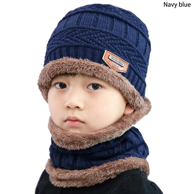 Зимний комплект из 2 предметов, шапочка-шарф, теплая вязаная Толстая шерстяная Кепка с подкладкой, шарф для мужчин, женщин и детей, новая мода - Цвет: navy blue