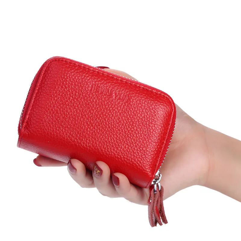 Women Card Holder Double Zipper Genuine Leather Wallet Credit Cards Case Bag