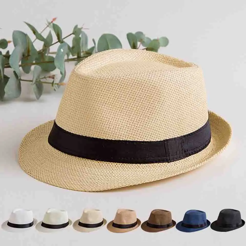 

Solid Straw Hat Women's Summer Sunhat England Panama Top Men's Sunvisor Kids' Beach Outdoor chapeau Parent-child Jazz Hat