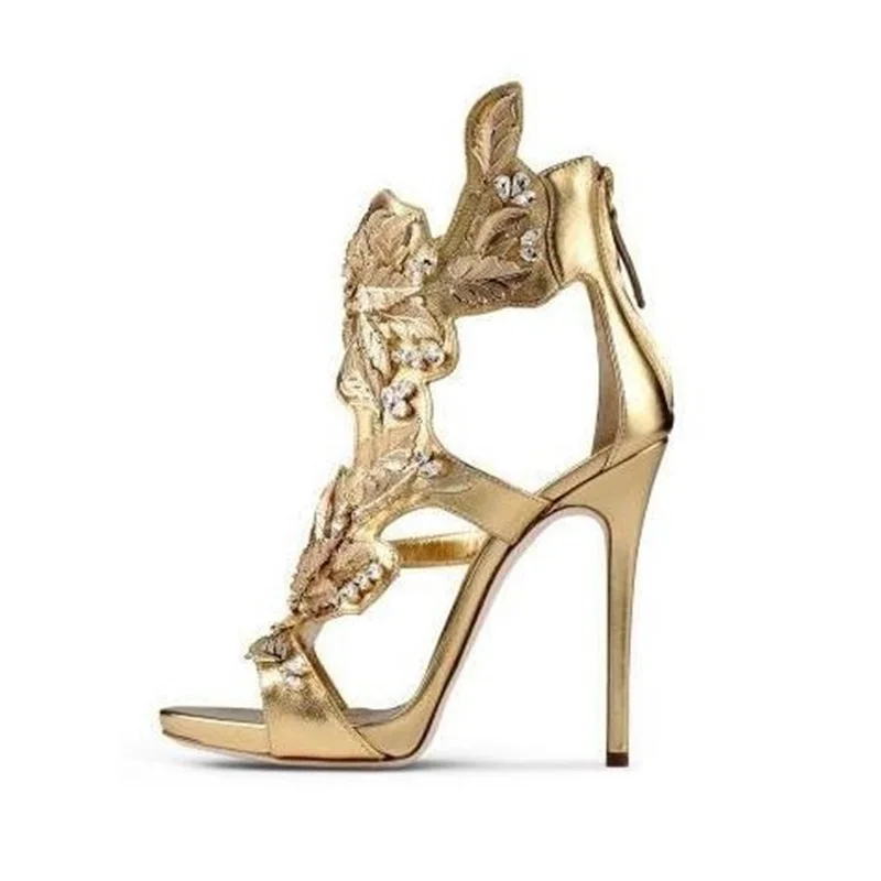 Women Metallic Crystal Embellished Sandals High Heels Gold Winge Summer Dress Shoes Cut-out Back Zipper Cage Shoes 2018