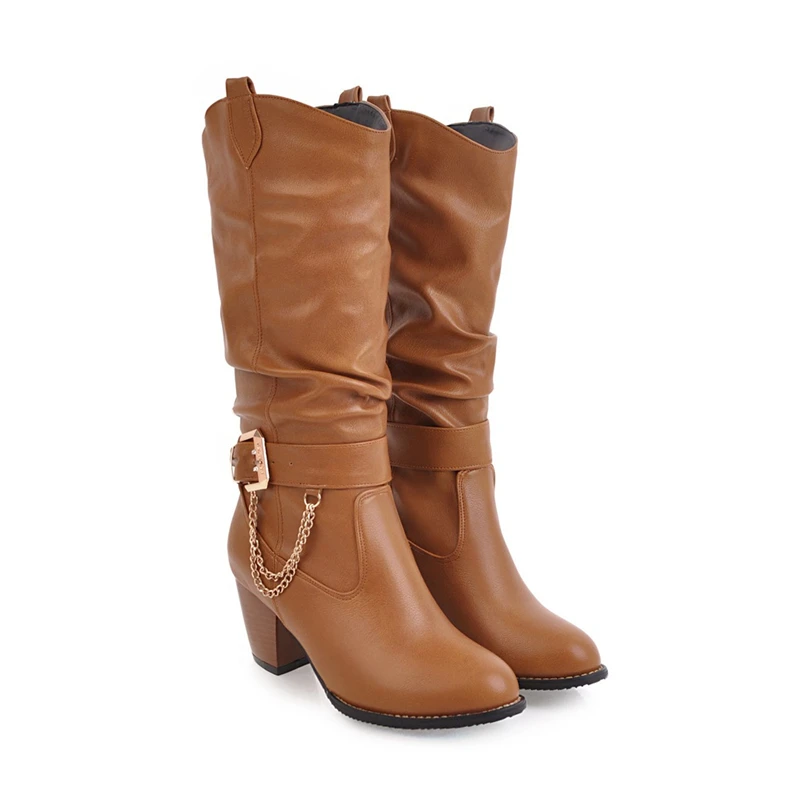 KARINLUNA/ г. Большие размеры 33-47, женская обувь по индивидуальному заказу Модные женские ботинки на высоком каблуке черные ковбойские сапоги зимние сапоги с цепочкой