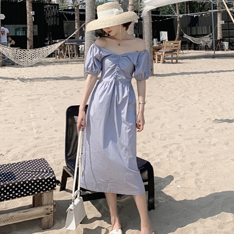 

Summer new 2019 trend dress long paragraph puff sleeves slim elegant strapless waist large V-neck solid color retro dress