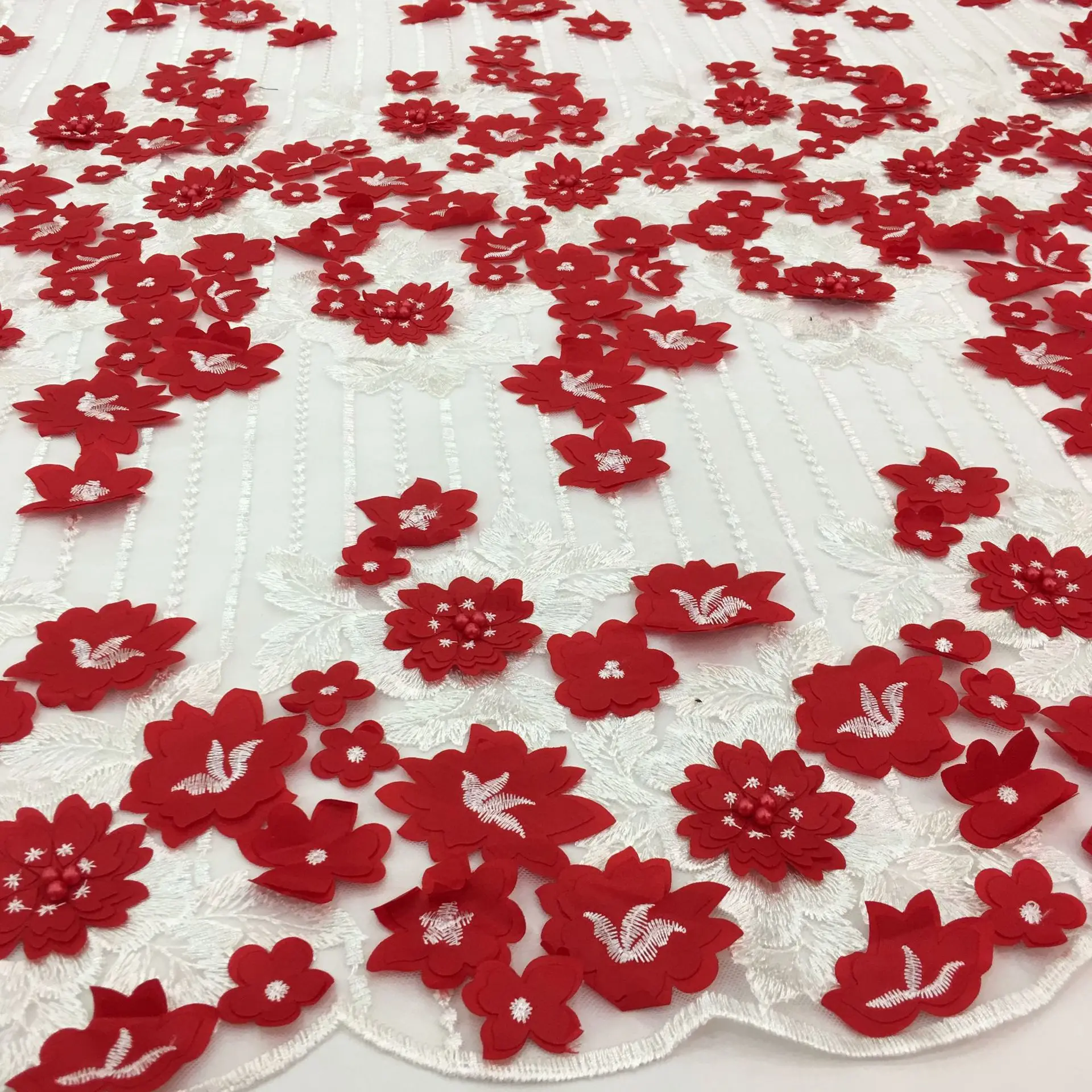 Latest African 3D Flowers Lace Fabric French Tulle Voile Beaded Lace Fabric For Wedding Party Nigerian Bridal Laces Fabric