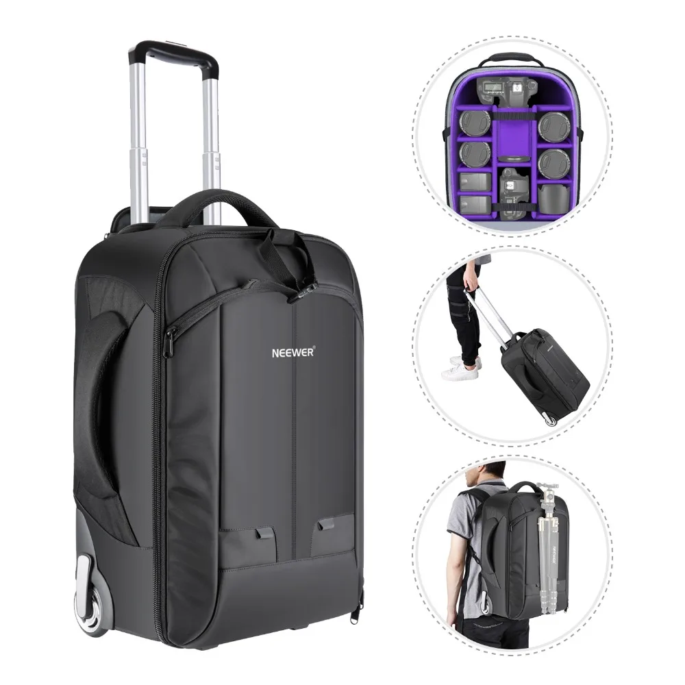  Neewer 2-in-1 Rolling Camera Backpack Trolley Case(Purple/Red/Green Interior)