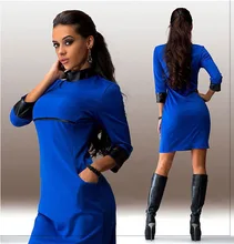 vestidos new 2015 free shipping 3 colors Turtlenecks Spring and Summer dress fashion three quarte PU patchwork women dress