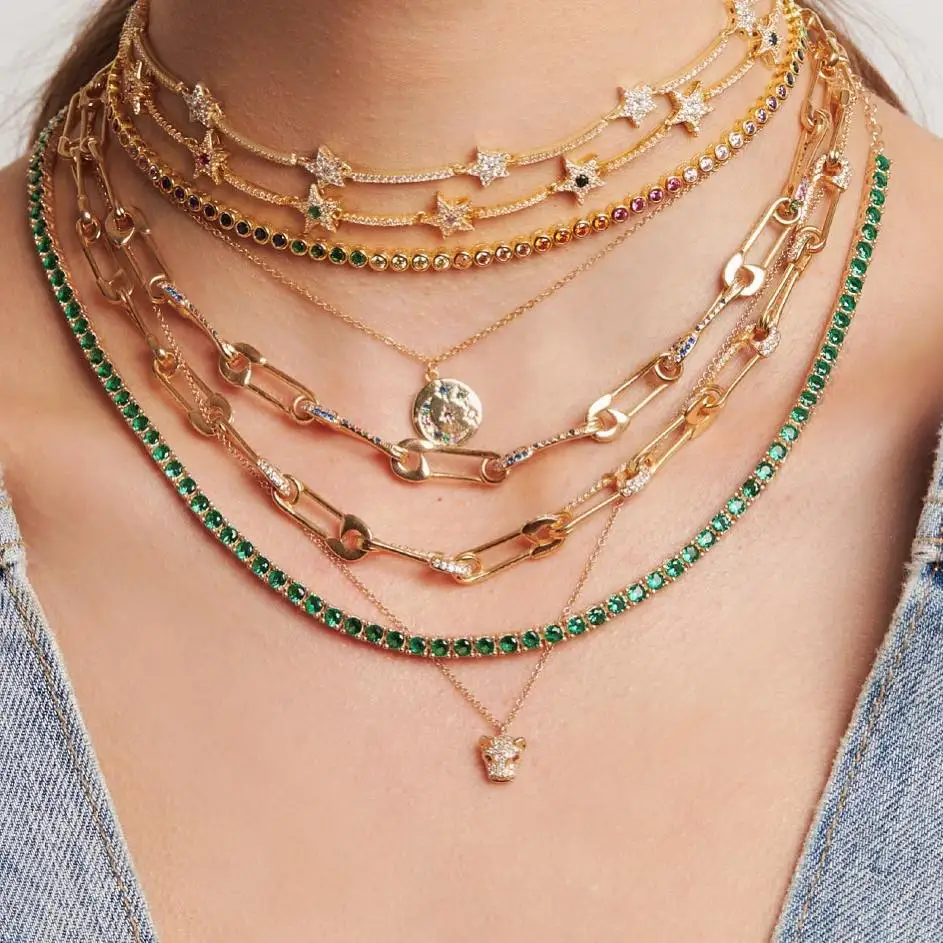 

vintage unique women jewelry Gold micro pave cz safety pin link chain choker necklace 32+8cm