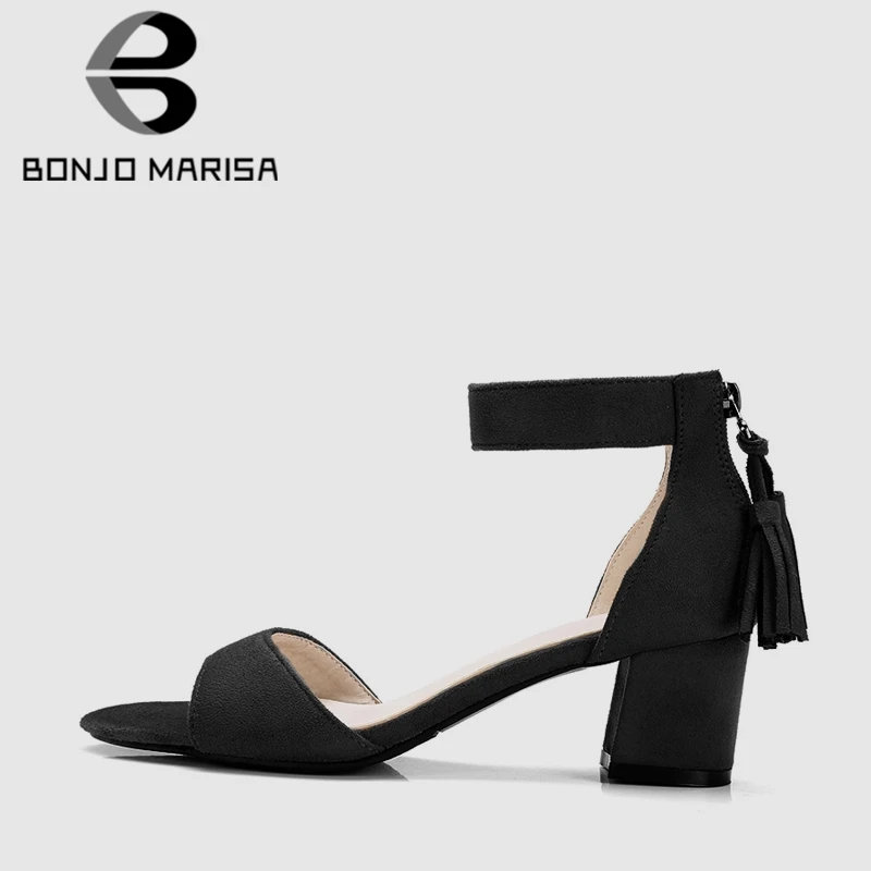 

BONJOMARISA 2019 New Elegant Wide Band Summer Black Sandals Women Med Heels Flock Fringe Ladies Summer Footwear Large Size 33-43