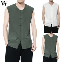 Womail, Мужская майка, летняя, без рукавов, Спортивная, тонкая, с карманами, хлопок, лен, на пуговицах, футболка, майка, свободная, подарок, новая мода A5