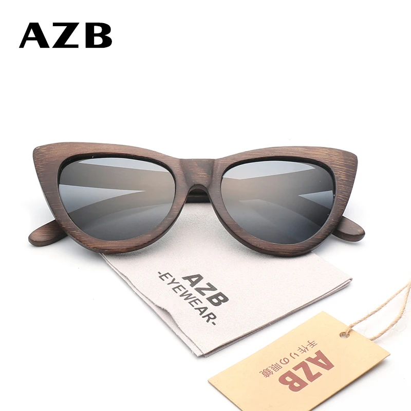 Женские солнцезащитные очки AZB поляризационные кошачий глаз в деревянной оправе