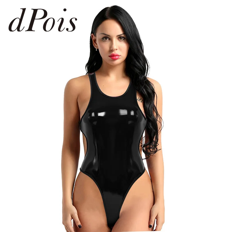 

Womens Hot One Piece Latex Catsuit Wetlook PU Leather Sexy Lingerie Bodysuit Swimsuit Sleeveless High Cut Thong Leotard Clubwear