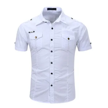 

England Style Buttons Decoration Male Short Shirt Fashion Boy Double Pocket White Party Blusa 2020 Hot Sale Men Slim Shirts 3XL