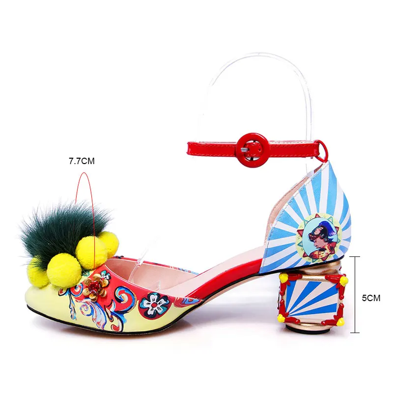 Women Sandals Fashion Print Strange Heel Pumps Fur Ball Metal Decoration 2018 Summer Ladies Dress Party High Heels Shoes Woman (7)